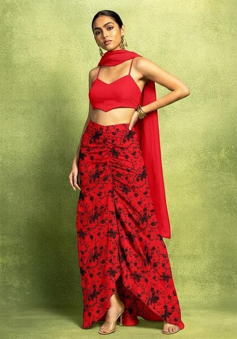 Cherry Red Embroidered Chanderi Fusion Set