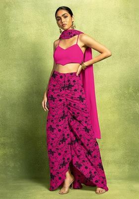 Hot Pink Embroidered Chanderi Fusion Set