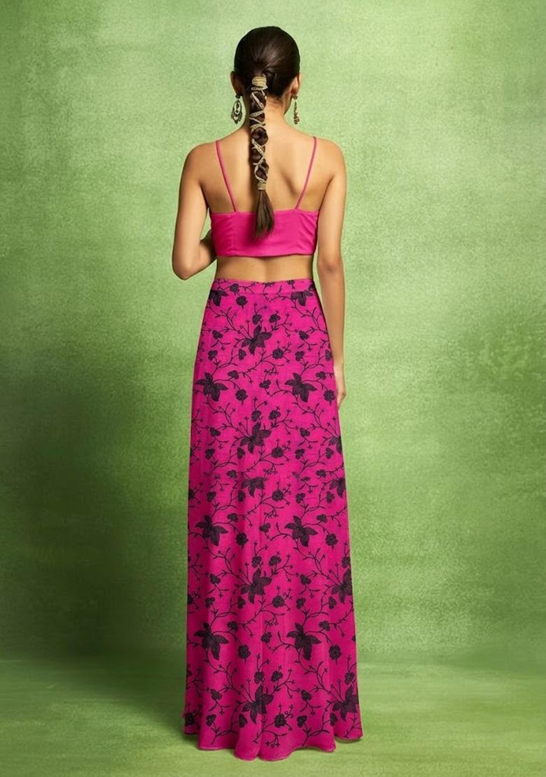 Hot Pink Embroidered Chanderi Fusion Set - Indya