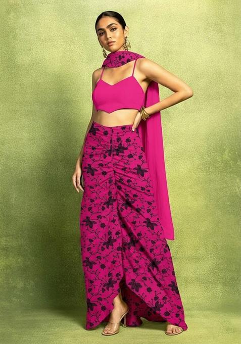Hot Pink Embroidered Chanderi Fusion Set