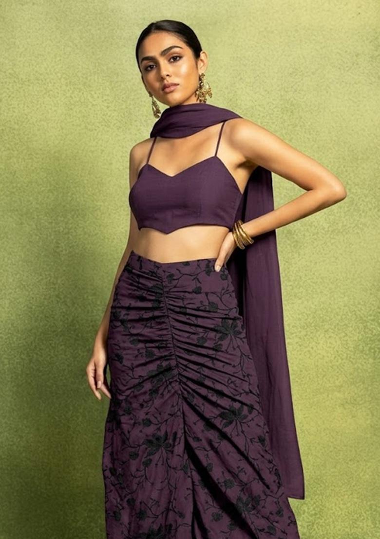 Purple Embroidered Chanderi Fusion Set - Indya