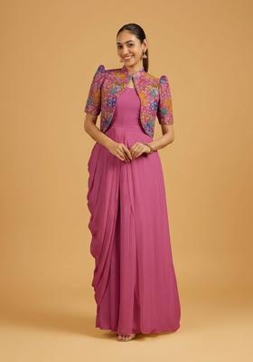 Pink Printed Crepe Fusion Set