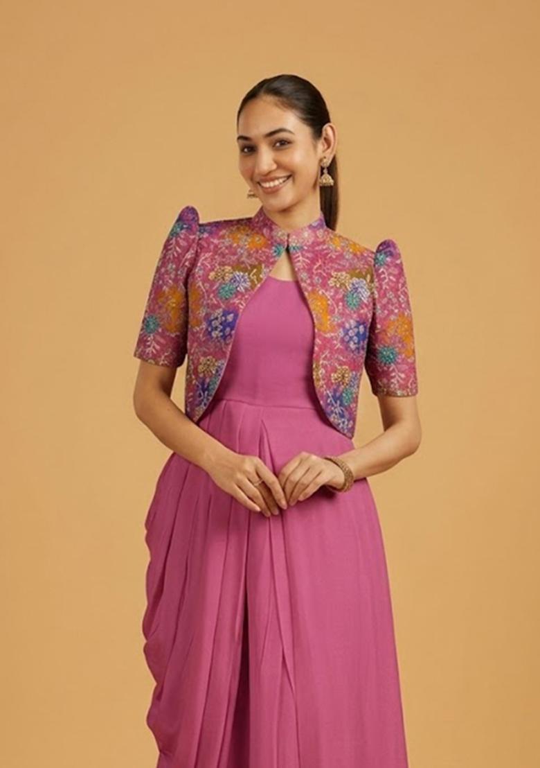 Pink Printed Crepe Fusion Set - Indya