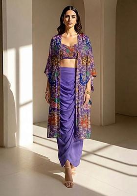 Iris Purple Printed Crepe Fusion Set