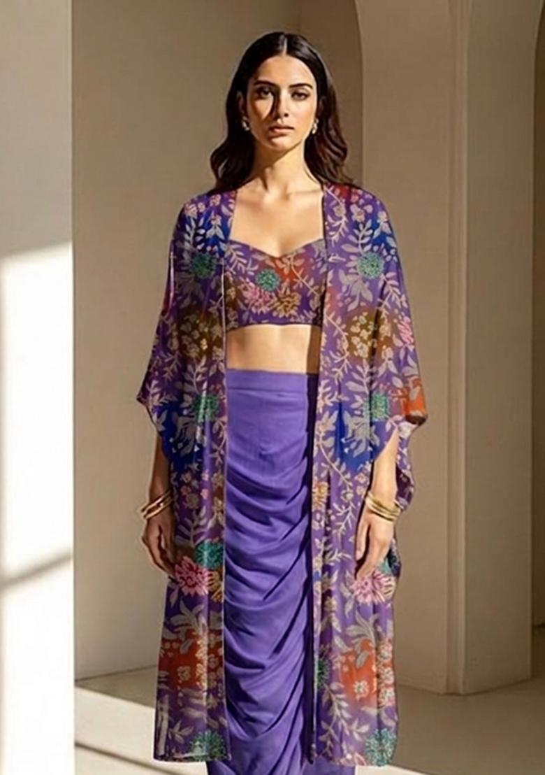 Iris Purple Printed Crepe Fusion Set - Indya