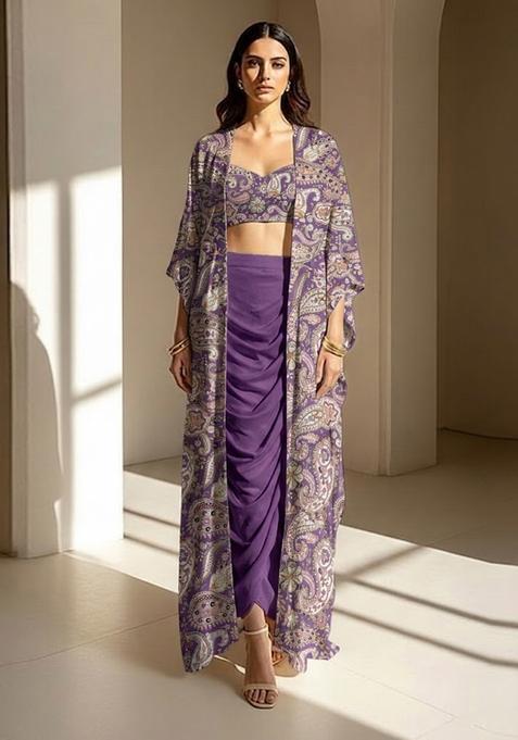 Purple Printed Crepe Fusion Set