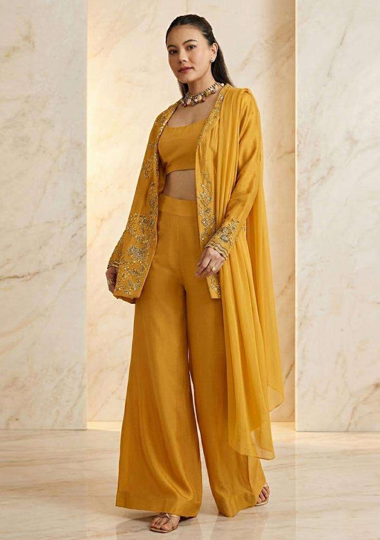 Golden Yellow Embroidered Handwork Fusion Set - Indya
