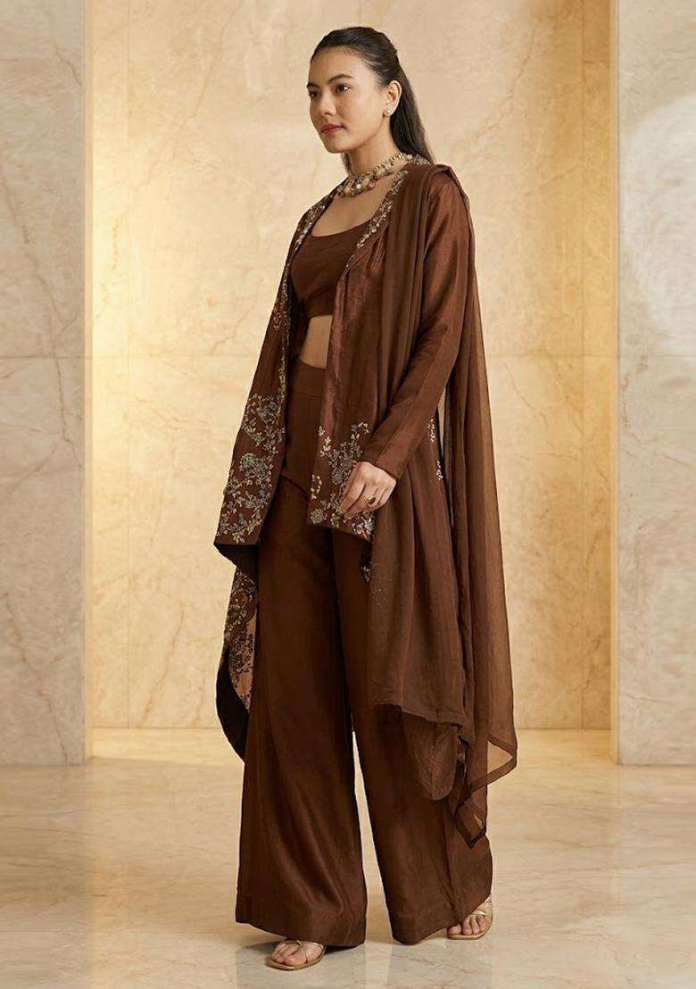Chocolate Brown Embroidered Handwork Fusion Set - Indya