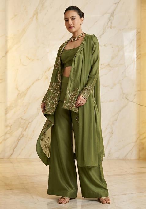Olive Green Embroidered Handwork Fusion Set