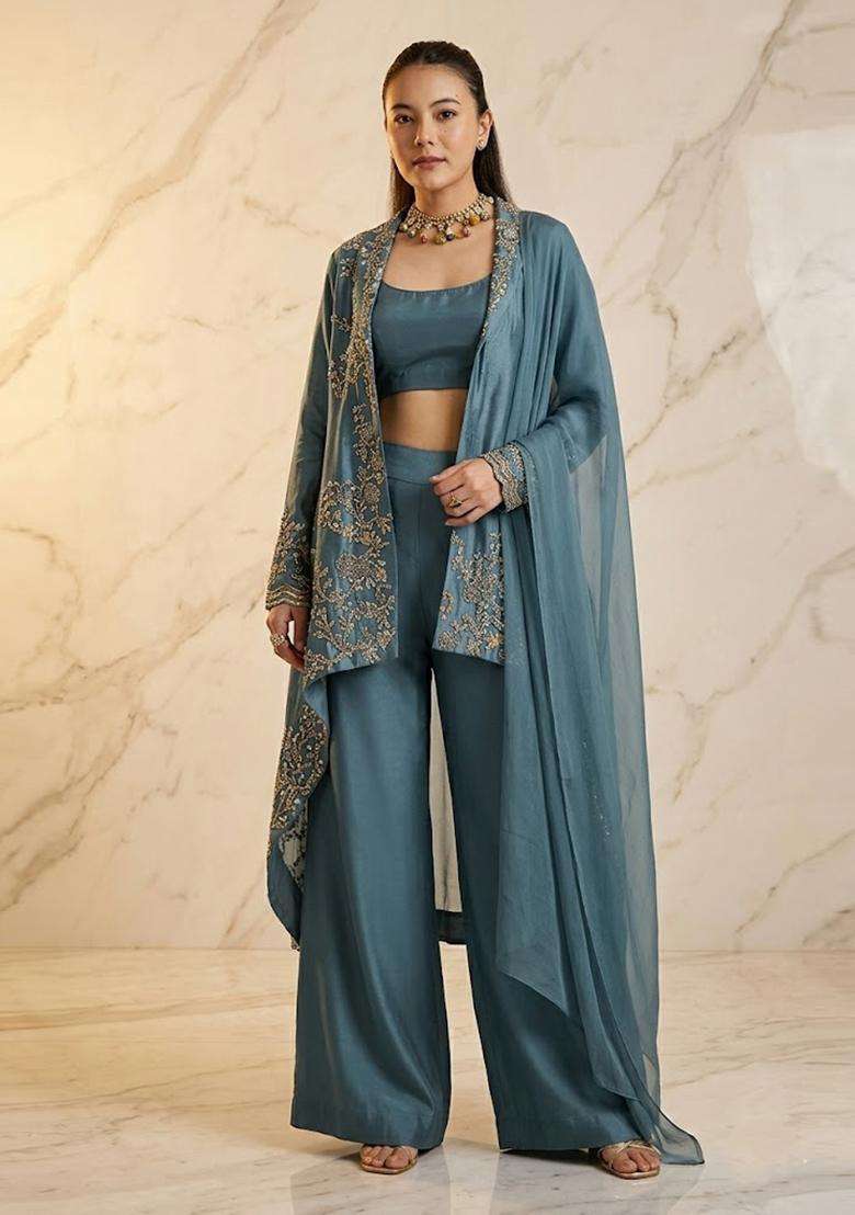 Dusty Blue Embroidered Handwork Fusion Set - Indya