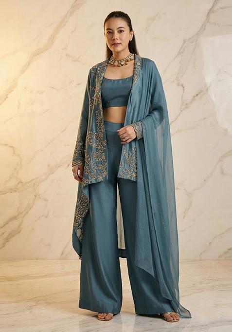 Dusty Blue Embroidered Handwork Fusion Set