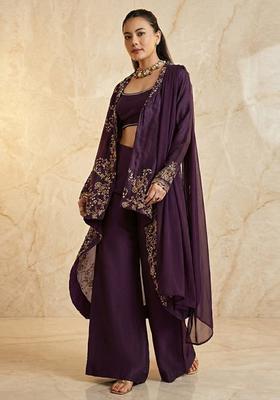 Deep Purple Embroidered Handwork Fusion Set