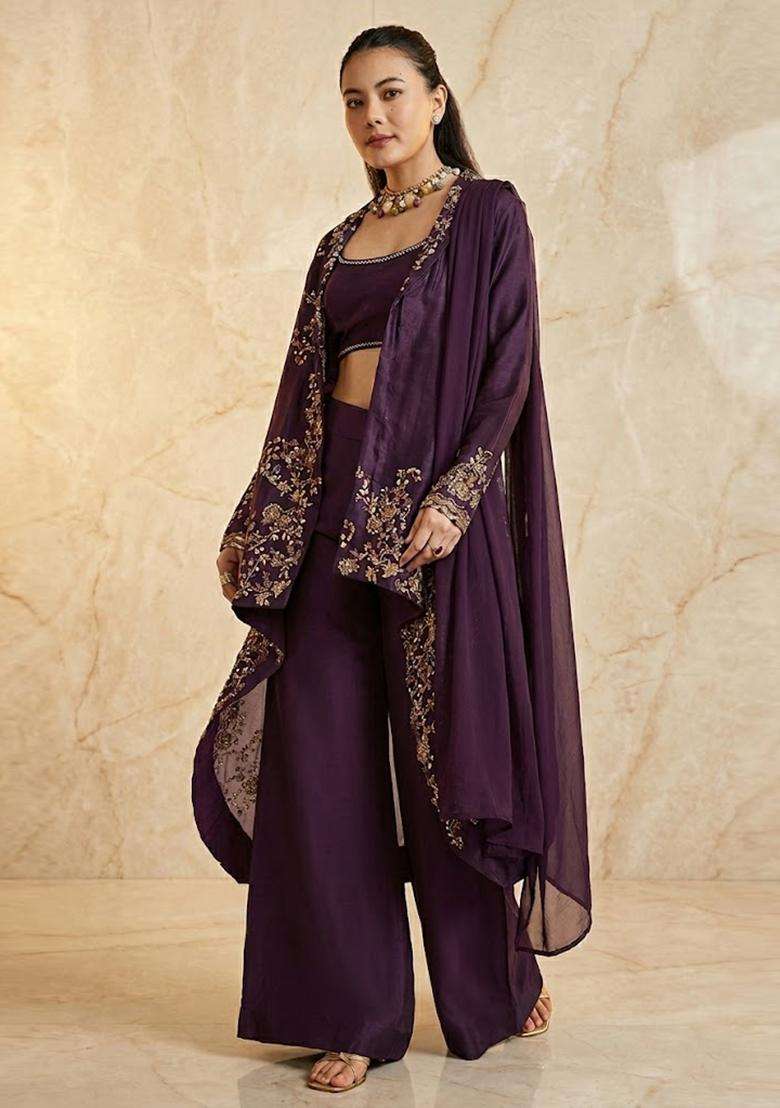 Deep Purple Embroidered Handwork Fusion Set - Indya