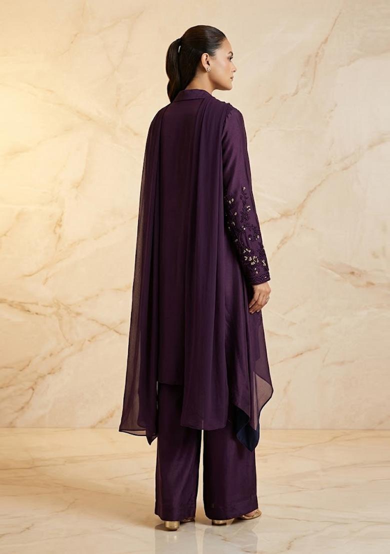 Deep Purple Embroidered Handwork Fusion Set - Indya