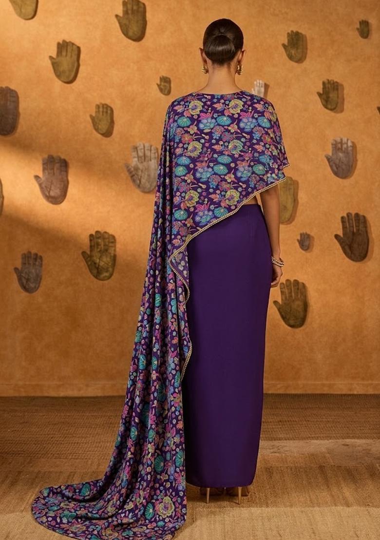Royal Purple Printed Chanderi Fusion Set - Indya