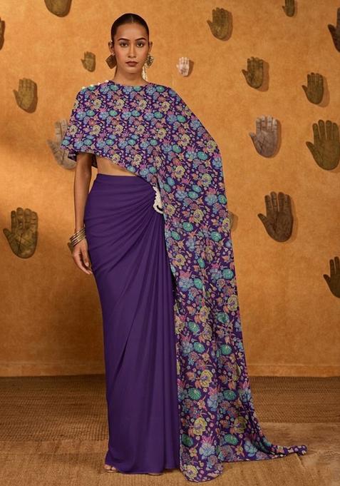 Royal Purple Printed Chanderi Fusion Set