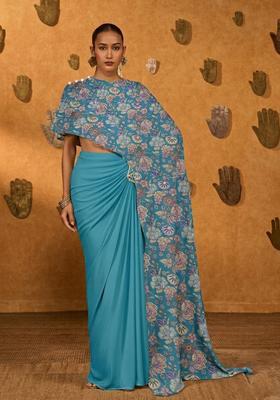 Sky Blue Printed Chanderi Fusion Set