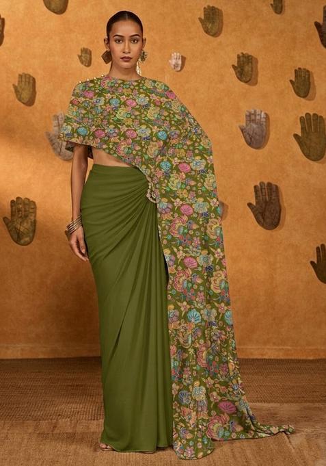 Olive Green Printed Chanderi Fusion Set