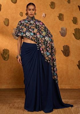 Navy Blue Printed Chanderi Fusion Set