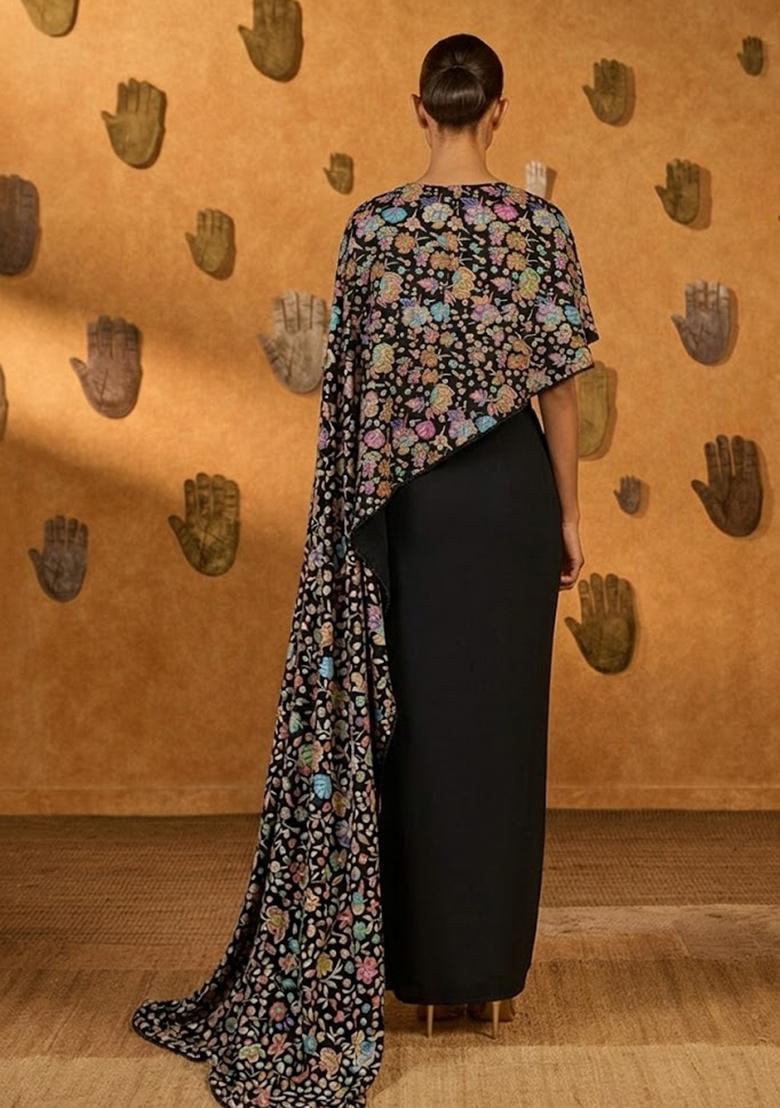 Navy Blue Printed Chanderi Fusion Set - Indya