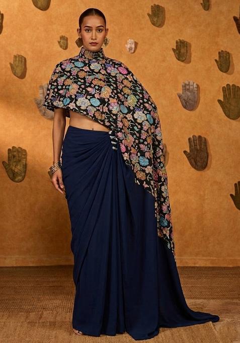 Navy Blue Printed Chanderi Fusion Set