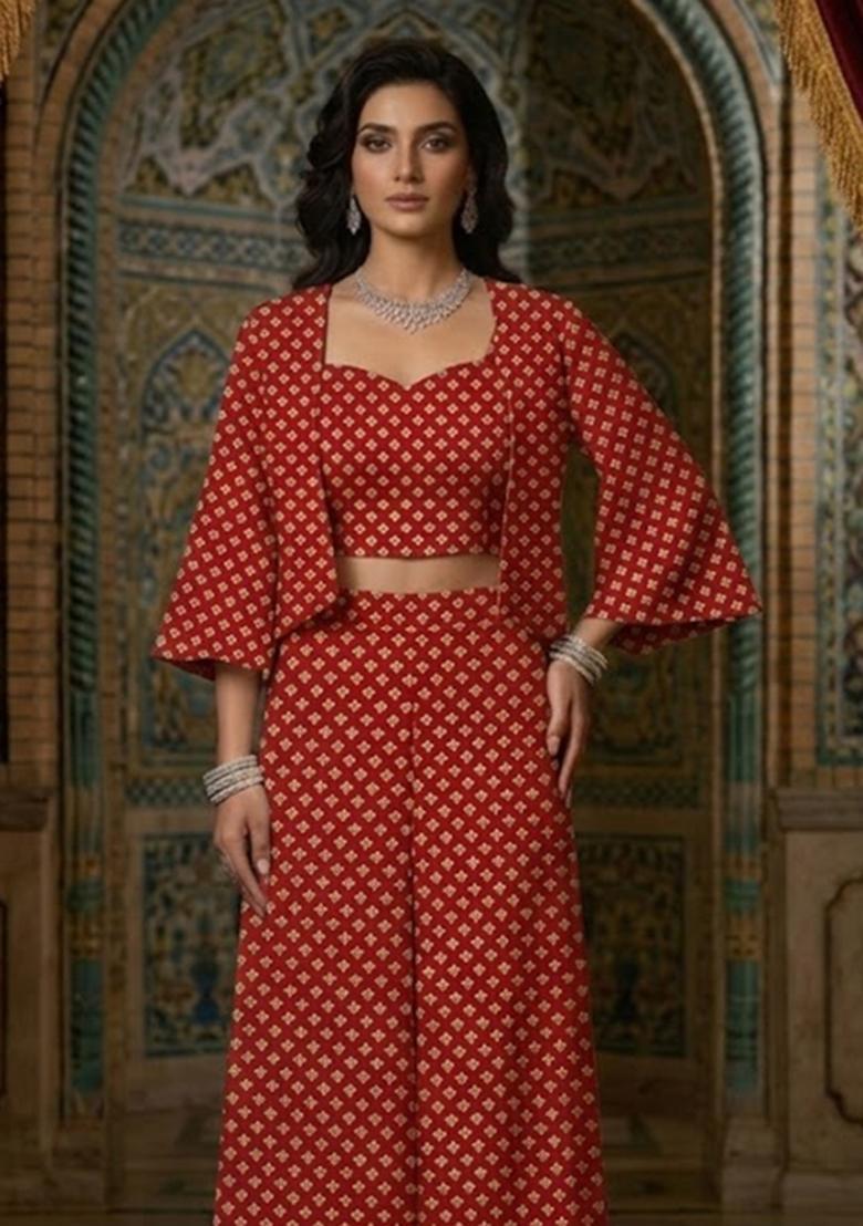 Crimson Red Brocade Fusion Set - Indya