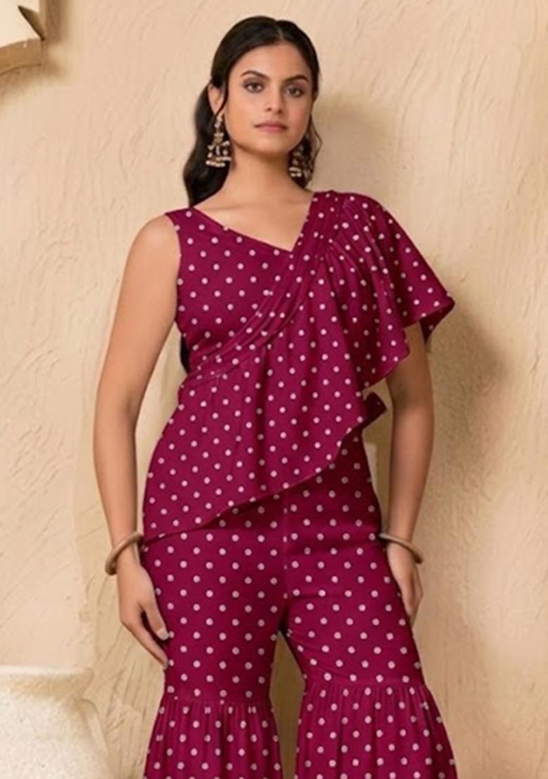 Magenta Pink Embroidered Moss Fusion Set - Indya