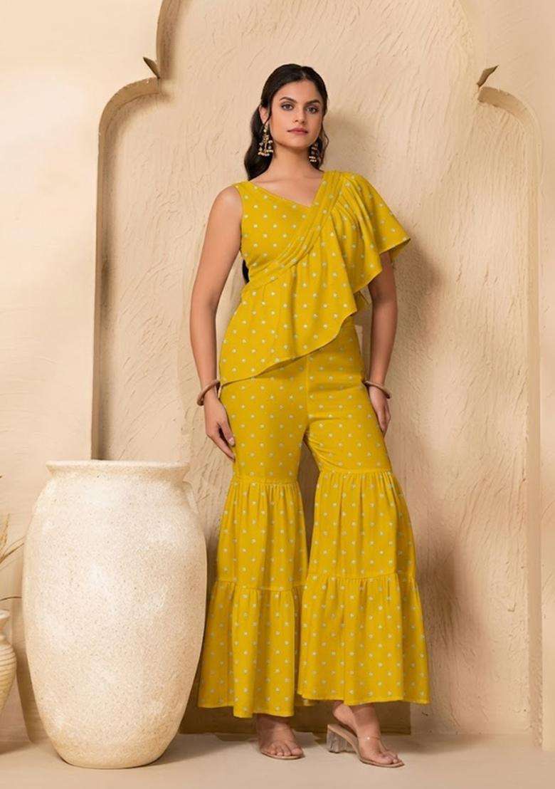 Mustard Yellow Embroidered Moss Fusion Set for Diwali and Festive Wear - Indya