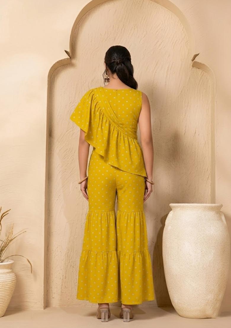 Mustard Yellow Embroidered Moss Fusion Set - Indya