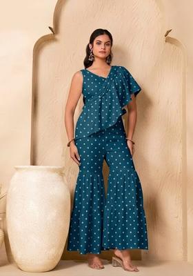 Teal Blue Embroidered Moss Fusion Set