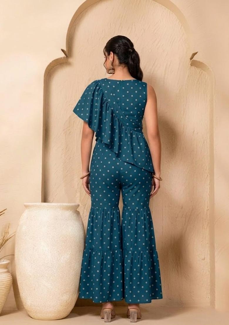 Teal Blue Embroidered Moss Fusion Set - Indya