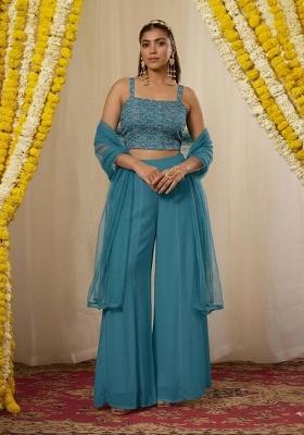 Blue Embroidered Crepe Fusion Set