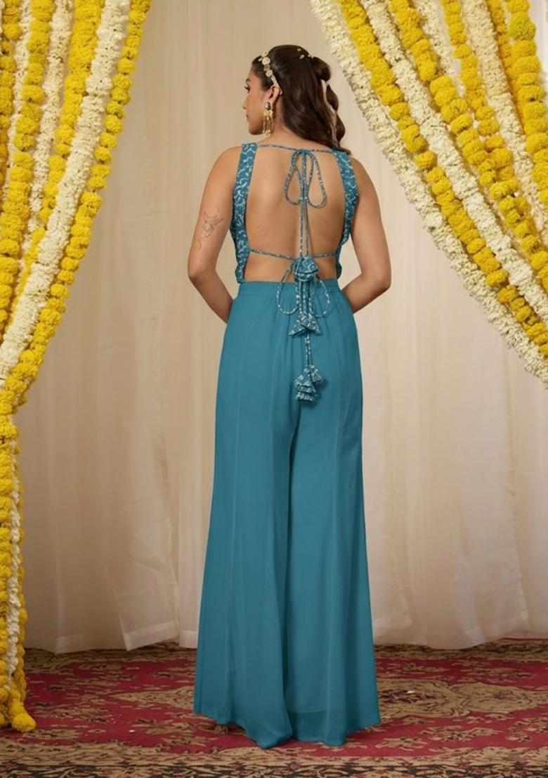Blue Embroidered Crepe Fusion Set - Indya
