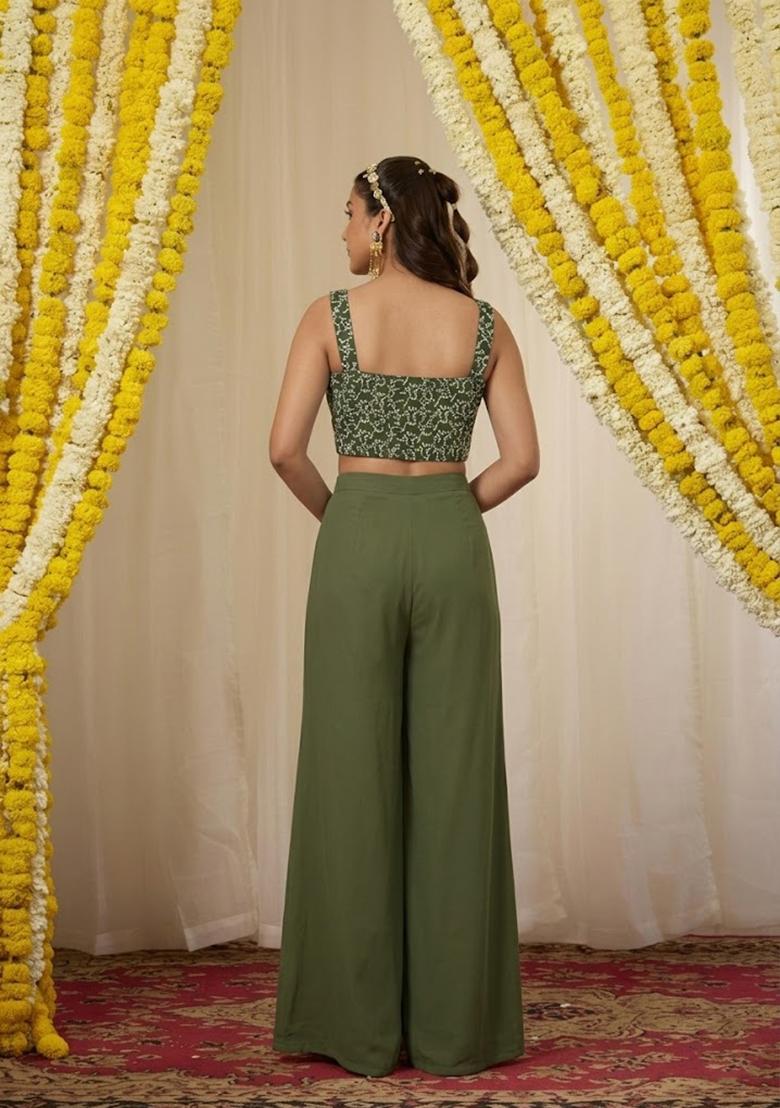 Olive Green Embroidered Crepe Fusion Set - Indya