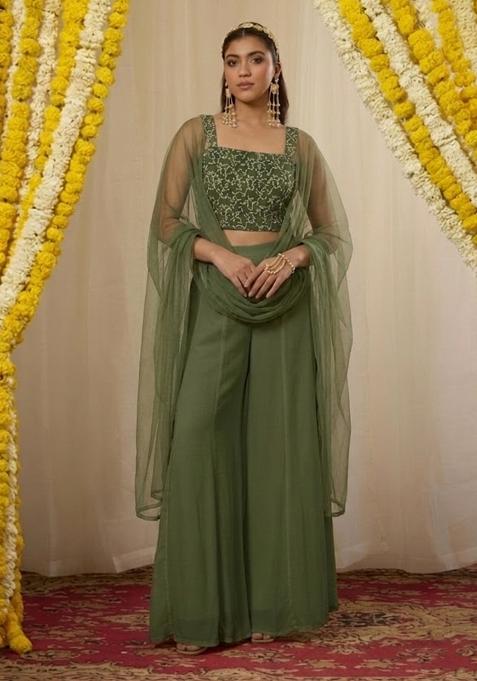 Olive Green Embroidered Crepe Fusion Set