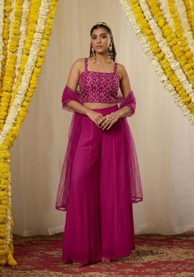 Magenta Pink Embroidered Crepe Fusion Set