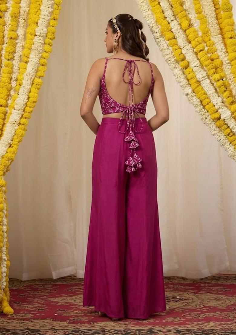 Magenta Pink Embroidered Crepe Fusion Set - Indya