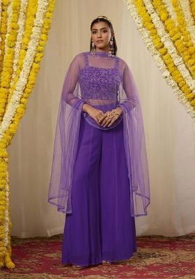 Violet Purple Embroidered Crepe Fusion Set
