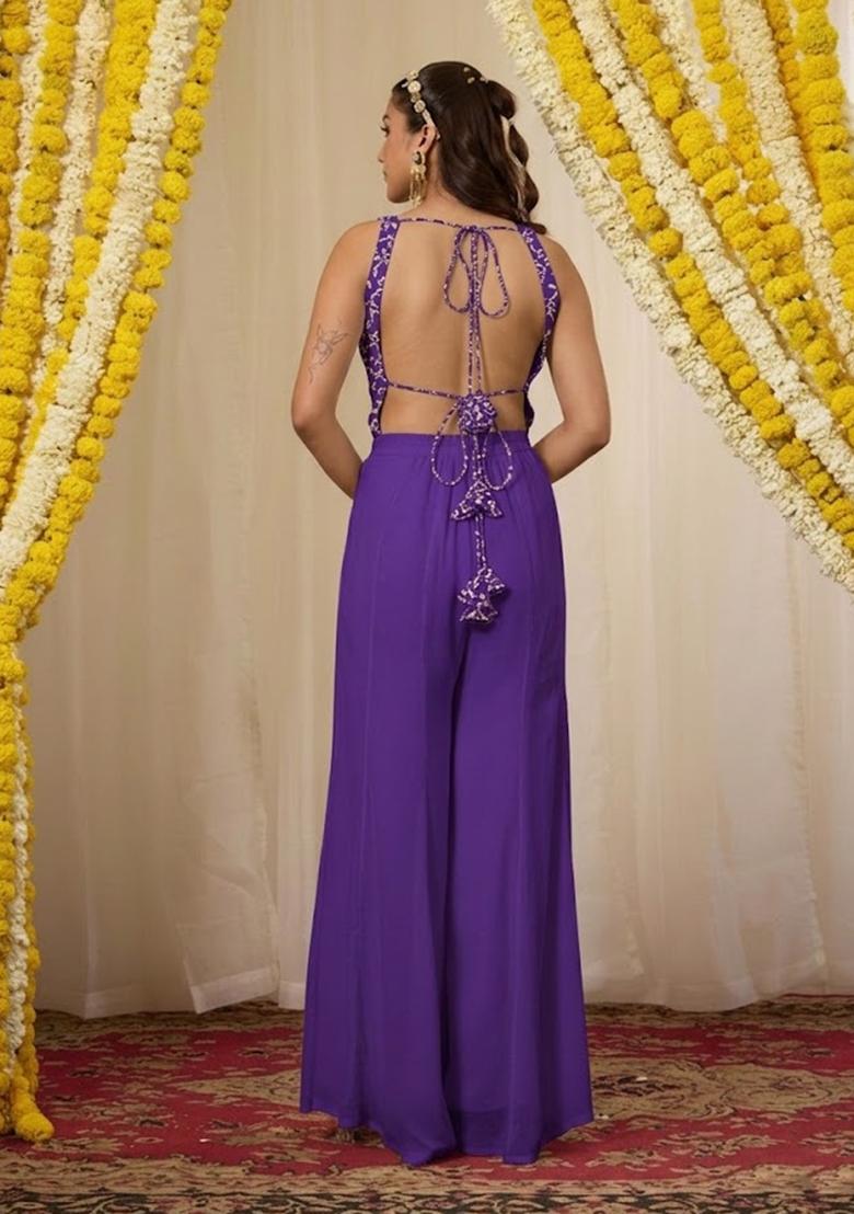 Violet Purple Embroidered Crepe Fusion Set - Indya
