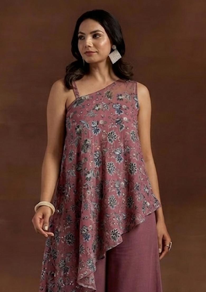 Dusty Pink Printed Crepe Fusion Set - Indya