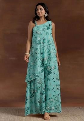 Mint Blue Printed Crepe Fusion Set