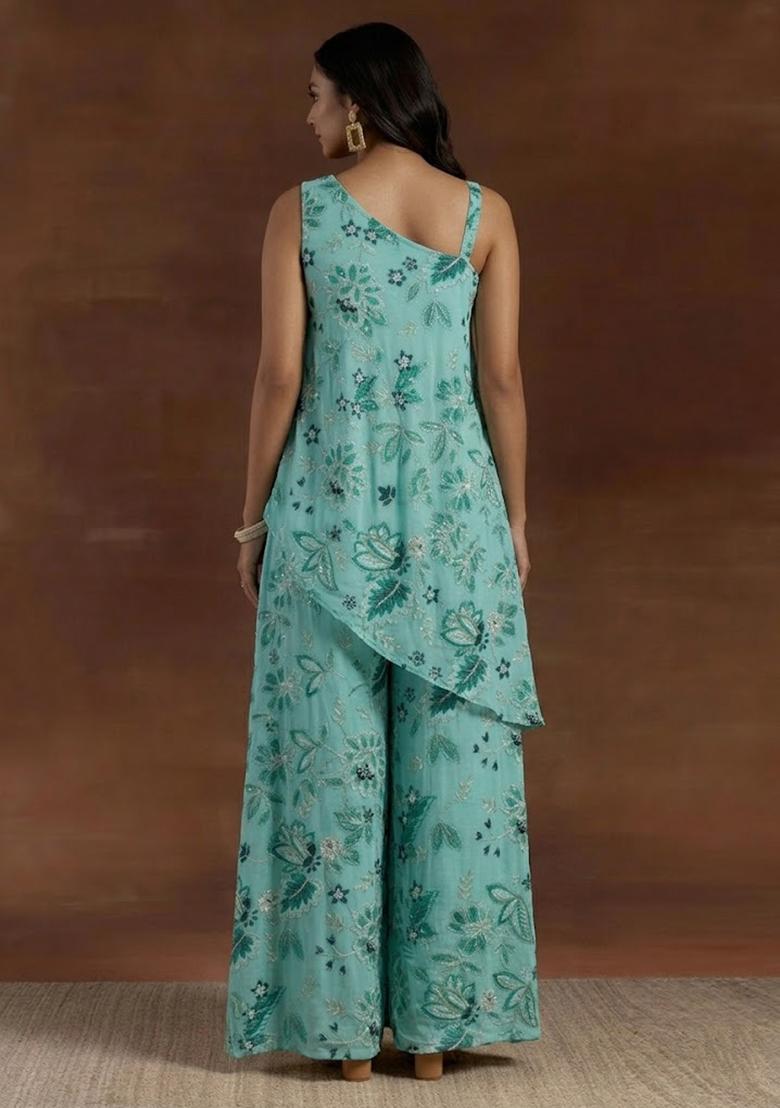 Mint Blue Printed Crepe Fusion Set - Indya
