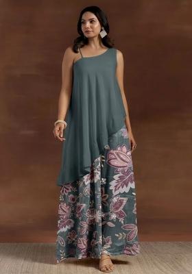 Grey Printed Crepe Fusion Set