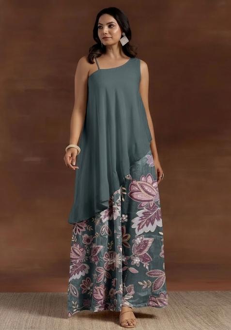 Grey Printed Crepe Fusion Set