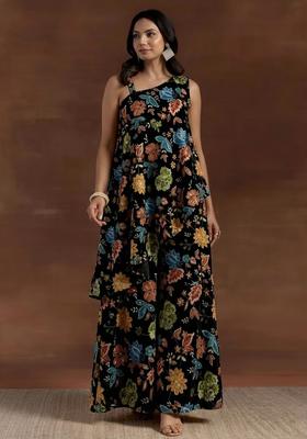 Jet Black Printed Crepe Fusion Set