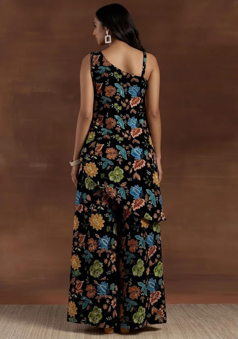 Jet Black Printed Crepe Fusion Set - Indya