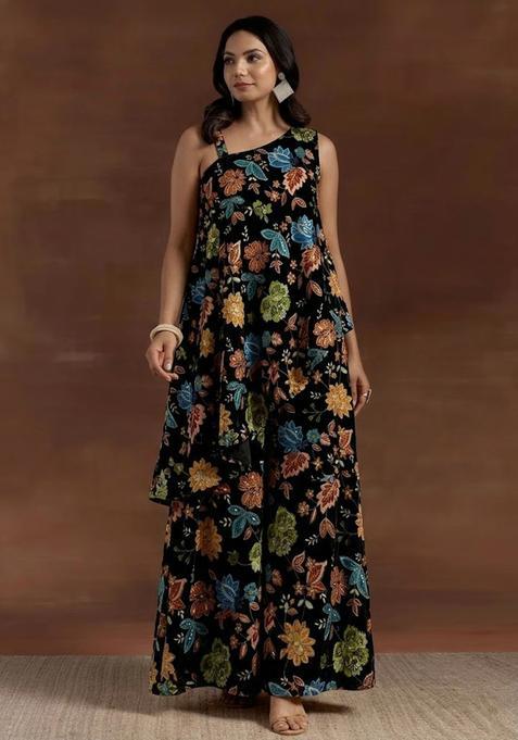 Jet Black Printed Crepe Fusion Set