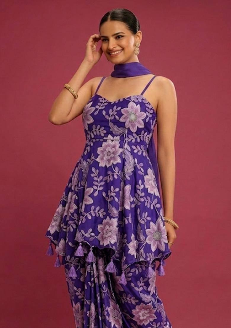 Royal Purple Printed Crepe Fusion Set - Indya