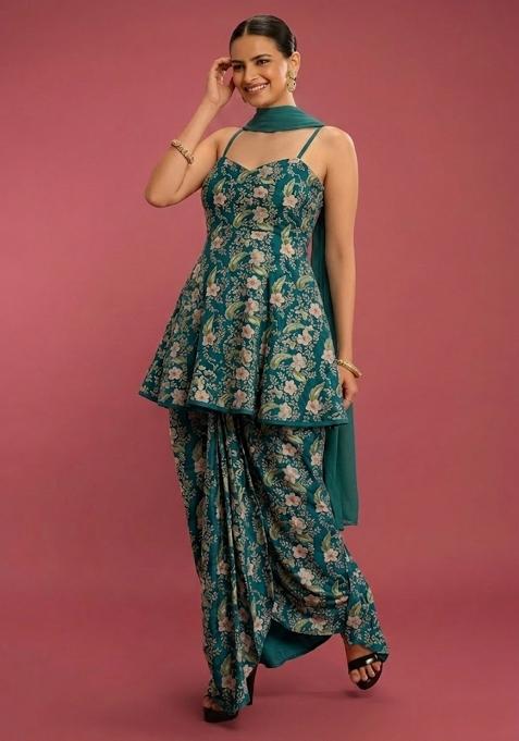 Teal Green Printed Crepe Fusion Set