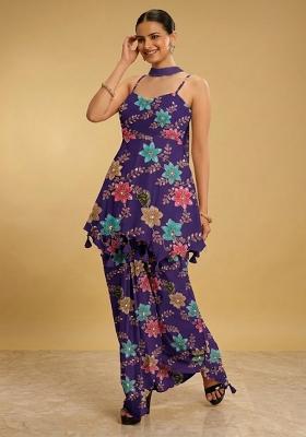 Violet Purple Printed Crepe Fusion Set